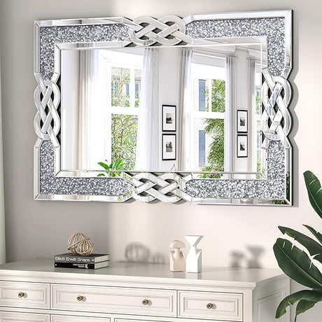 Crystal Crush Diamond Wall Mirror 46.5''x30.5'' Rectangle Silver Mirrors for Wall Decorative Large Wall