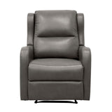 Kim 38 Inch Manual Recliner Chair, Cushioned Gray Faux Leather, Solid Wood