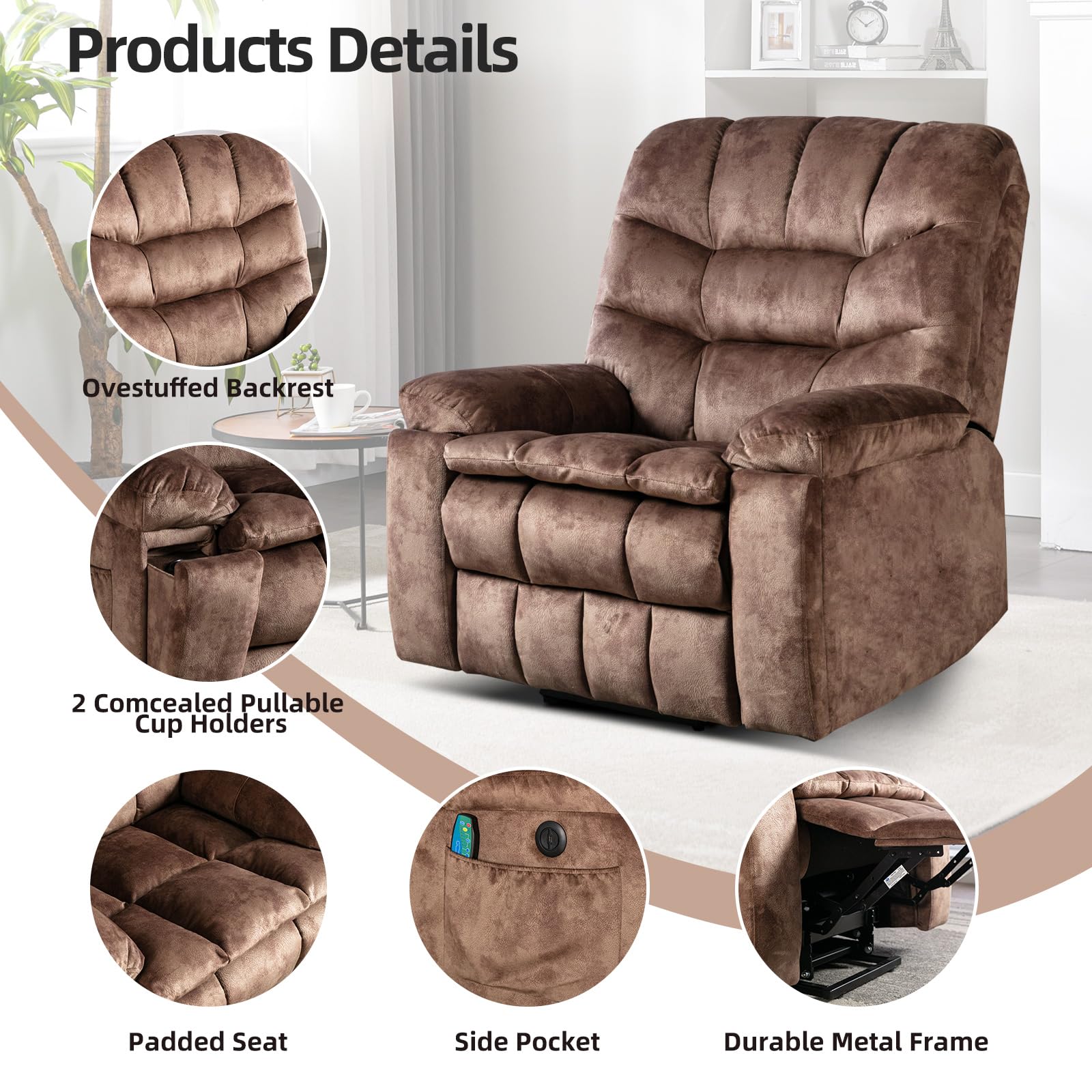 Large Power Lift Chair with Massage and Heat for Elderly Recliner, Brown2