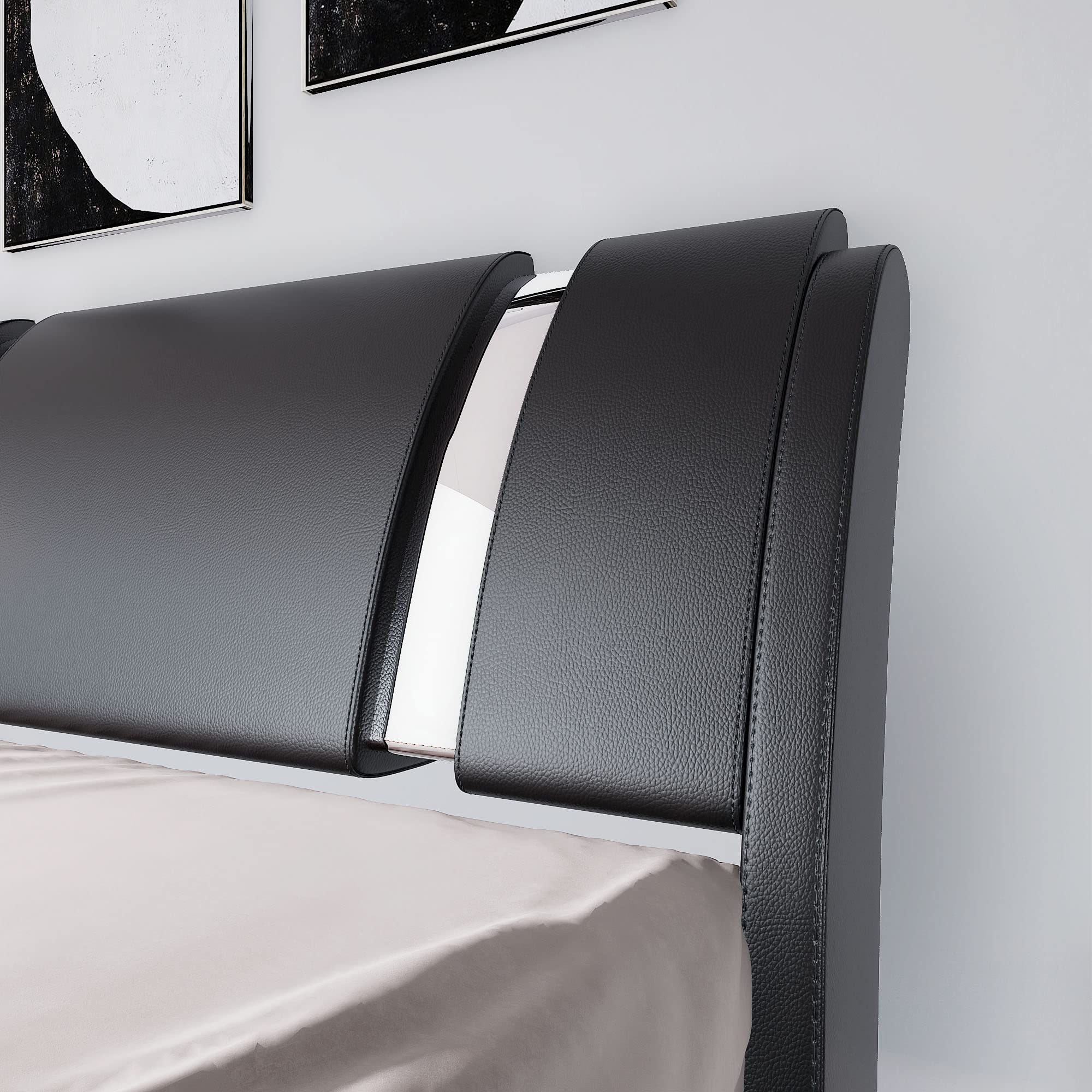 King Size Bed Frame with Iron Piece Decor, Faux Leather Upholstered Platform Bed