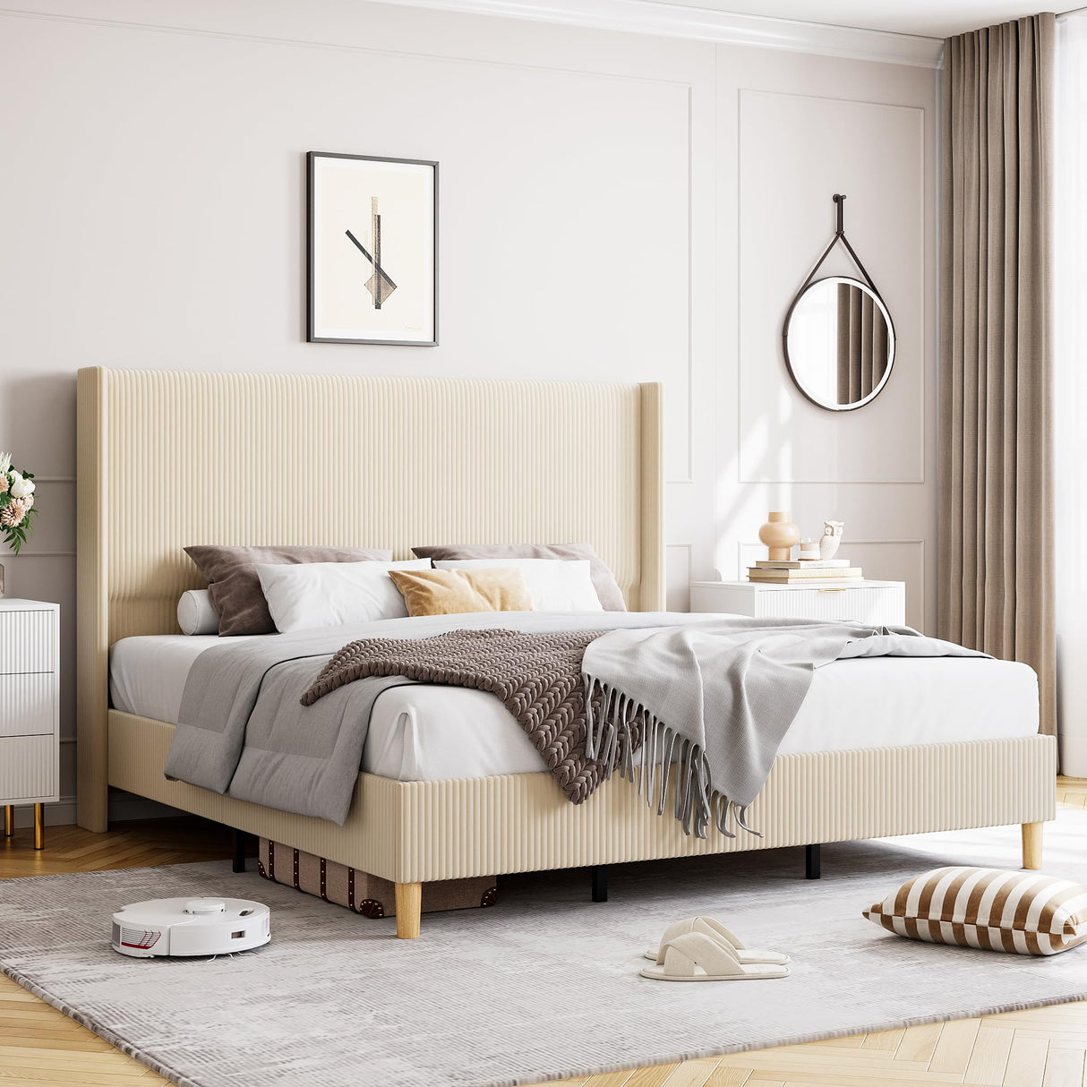 King Size Corduroy Upholstered Platform Bed Frame with 51" Wingback Headboard