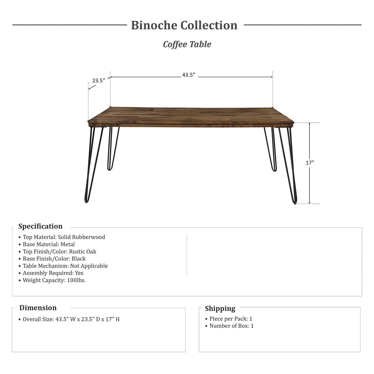 Binoche 44" x 24" Coffee Table, Rustic Oak/Black