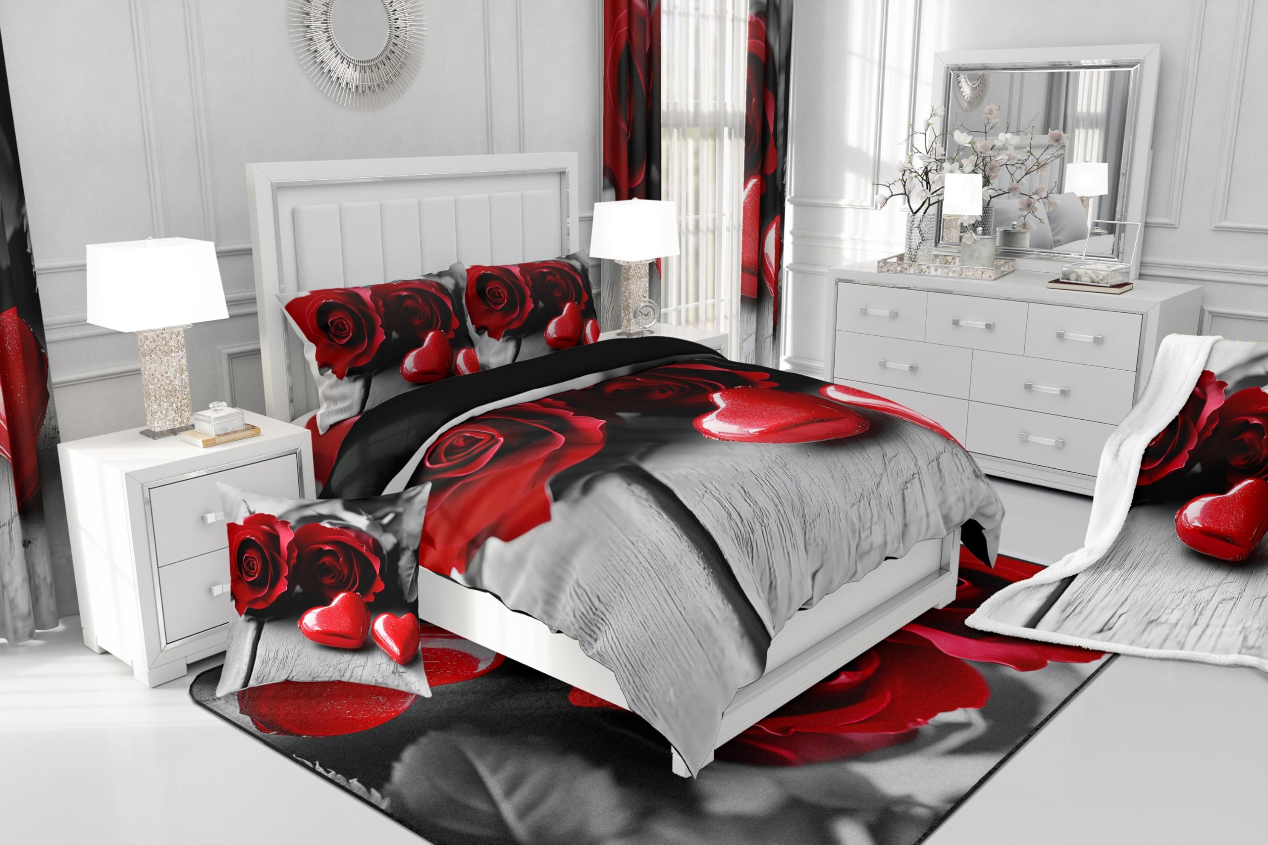 Grey Red Floral Rose King Comforter Set,Gothic Romantic Flower Rose Bedding Set