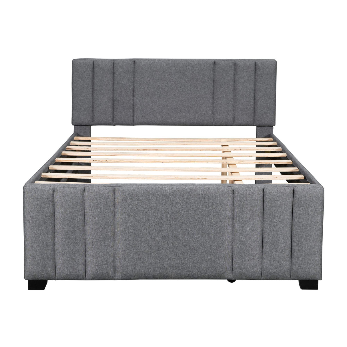 Platform Bed with Trundle, Modern Design and Tufted Linen, Grey