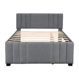 Platform Bed with Trundle, Modern Design and Tufted Linen, Grey