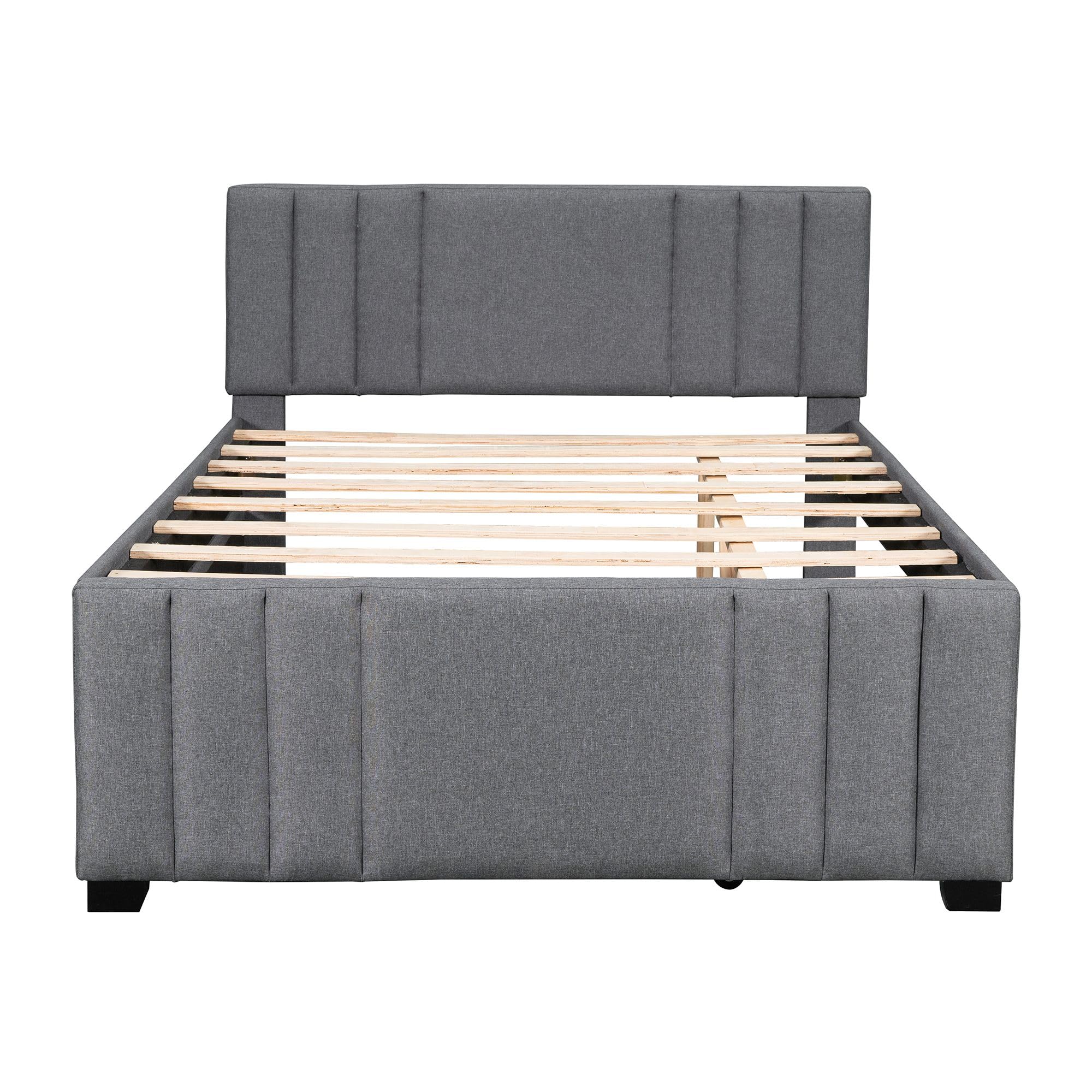 Platform Bed with Trundle, Modern Design and Tufted Linen, Grey
