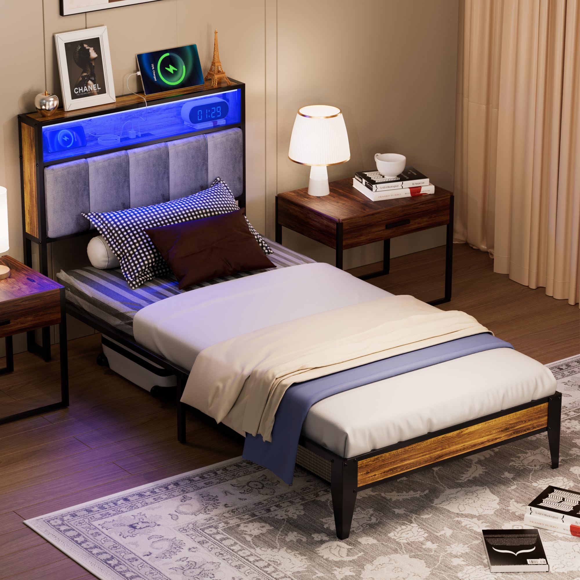 Twin Frame, Metal Platform Twin Size Bed Frame with Storage & LED Light Headboard