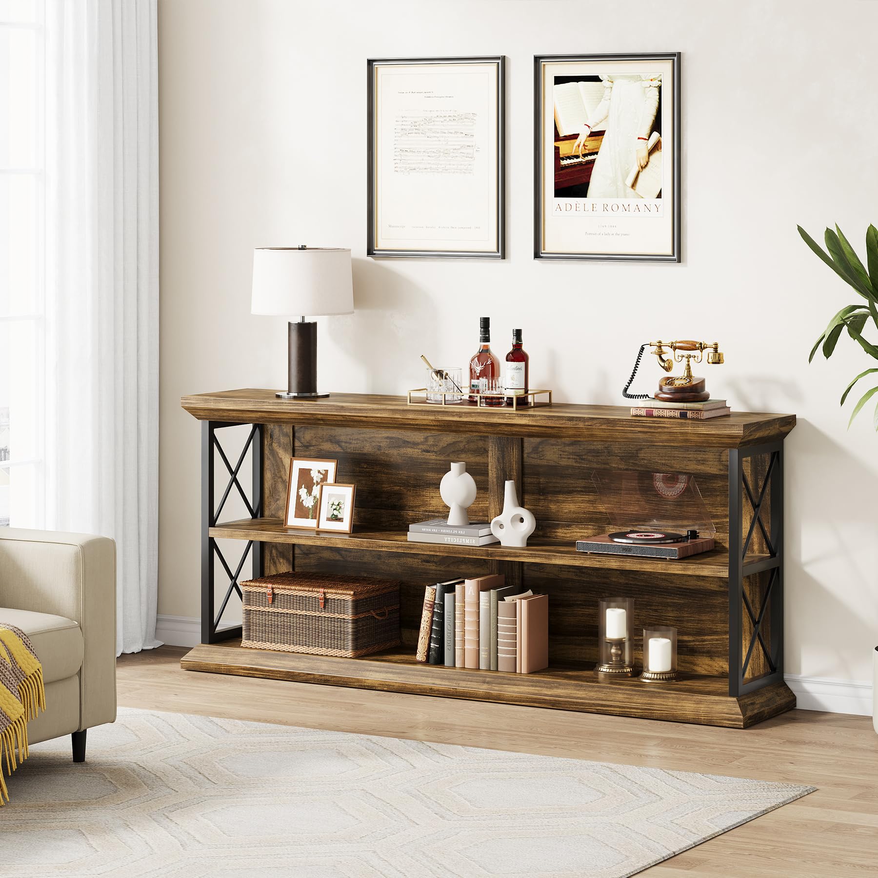 63-Inch 3-Tier Console Table with Storage - Brown Wood Entryway Sofa Table