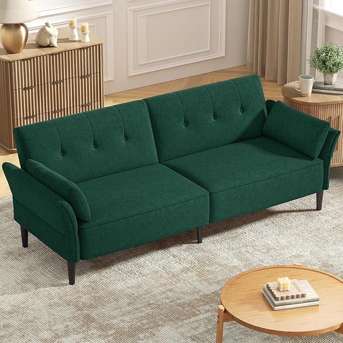 89” Futon Sofa Bed, Comfy Futon Couch Bed with 2 Square Pillows, Convertible Sleeper