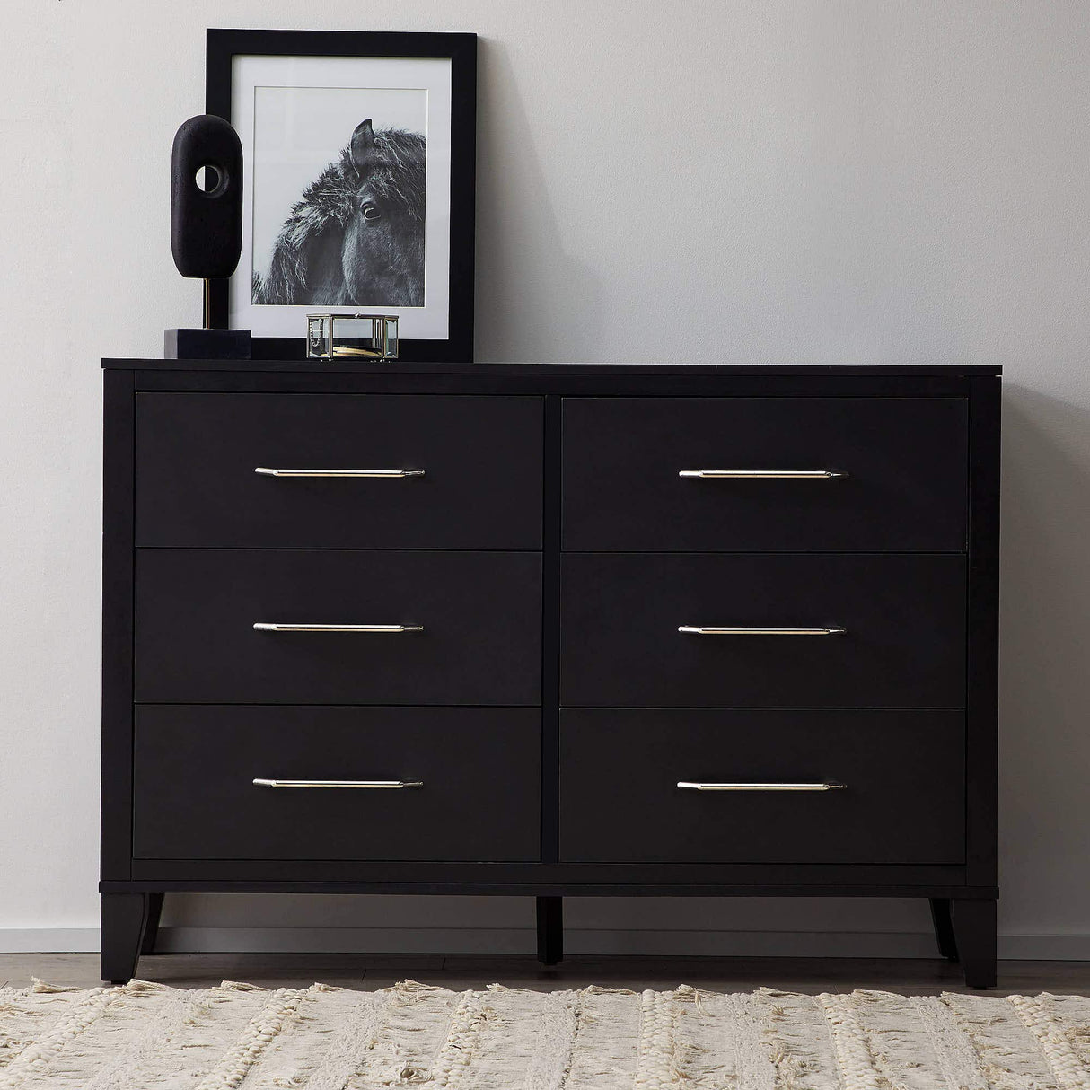 Bedroom-Six Drawer-Modern Design-Easy Assembly, Black Dresser, 55x35x16 inches