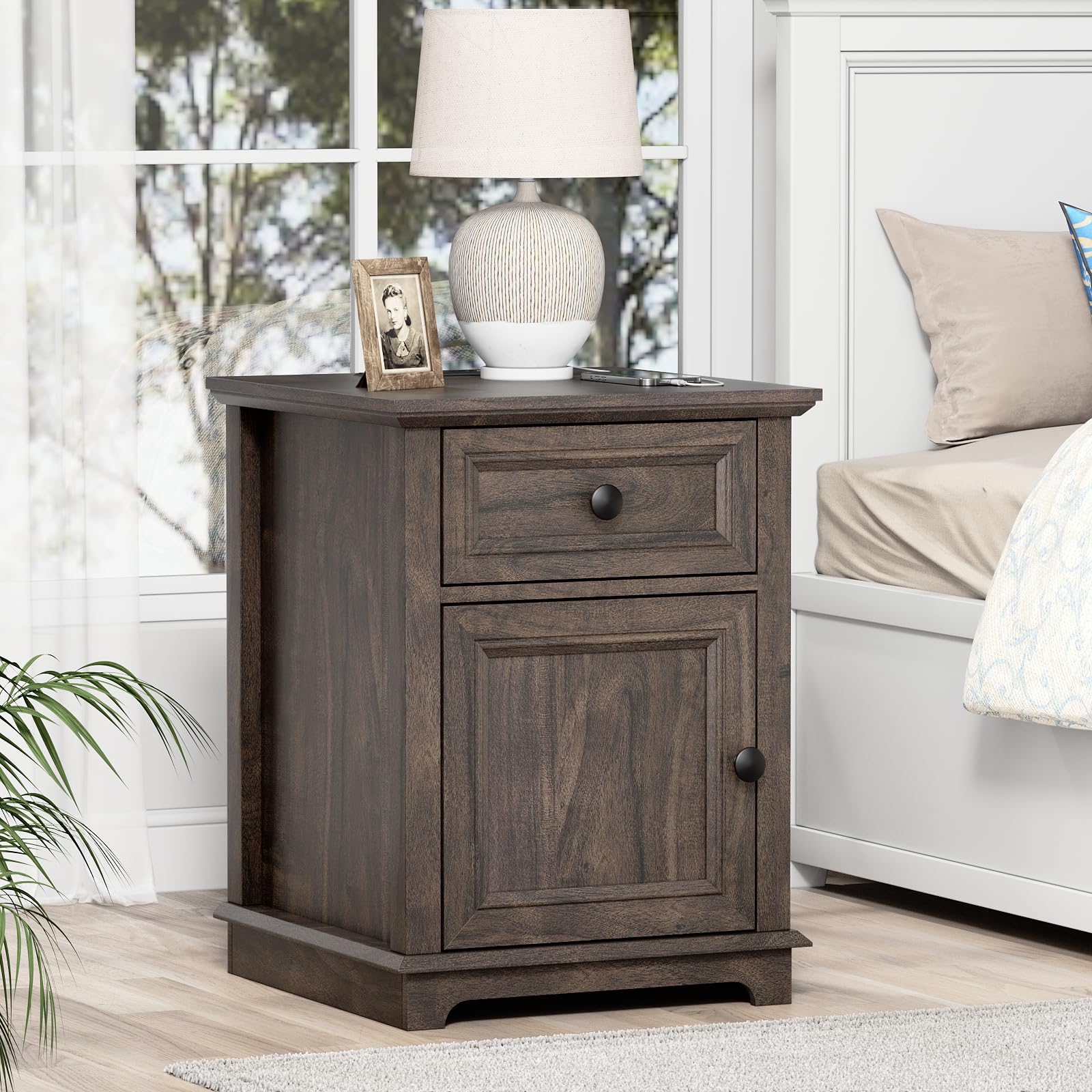 REDAYFUR 24" End Table with Fast Charging Station, Side Table with Drawer, Adjustable Shelf & Large Storage Cabinet, Vintage Wooden Nightstand for Living Room/Bedroom, Rustic Brown