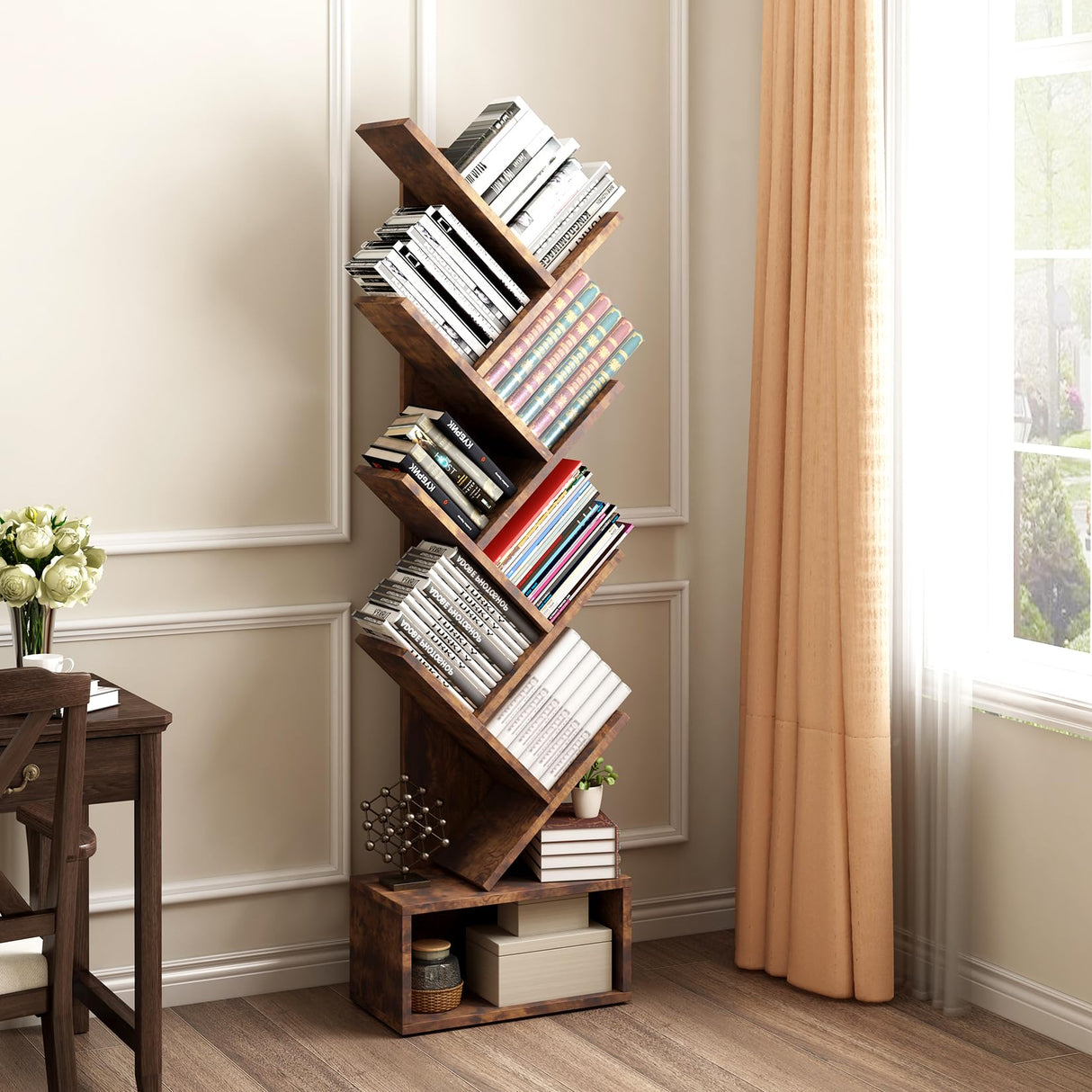 Tree Bookshelf with Storage, 8 Tier Wooden Tall Book Shelf, Floor Standing Bookcase for