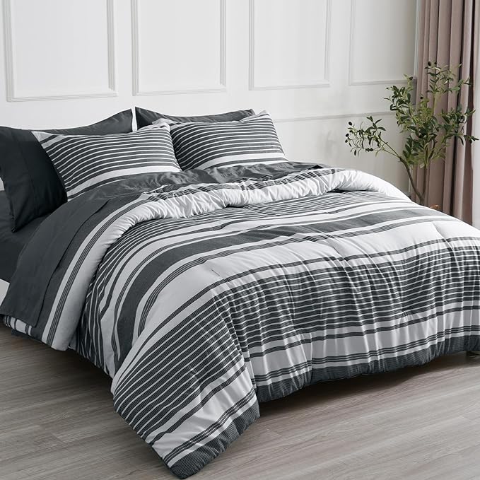 7 Pieces Queen Comforter Set, Striped Bed in A Bag, Charcoal Grey Stripe Comforter