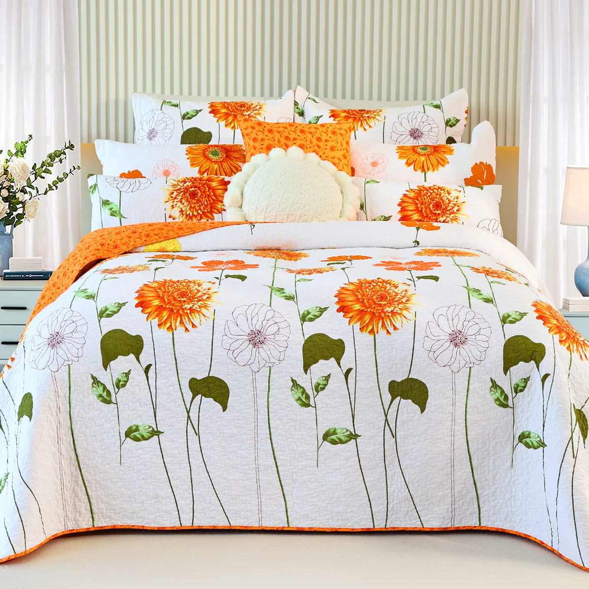 100% Cotton Quilt Queen Size Orange Sunflower Bedding Set Floral Lightweight Quilt