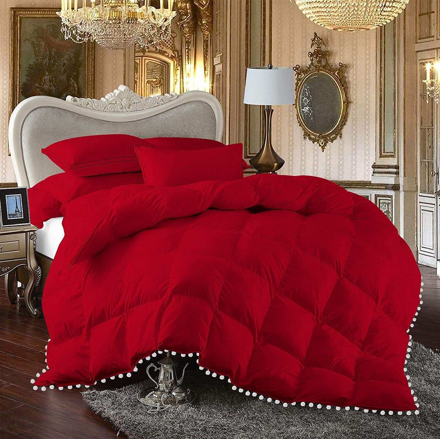 All Seasons 1 Piece Beautiful Looking Pom Pom Box Design Comforter 800 Thread Count 100% Egyptian Cotton, White Vintage Pom-Pom Fringe Super Soft (Full/Queen Size Red Color)
