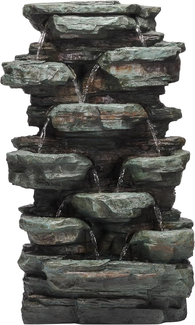 WIN1648 39" Stacked Stone Rainforest Fountain with Cool White LED Lights – Cascading Waterfall Feature