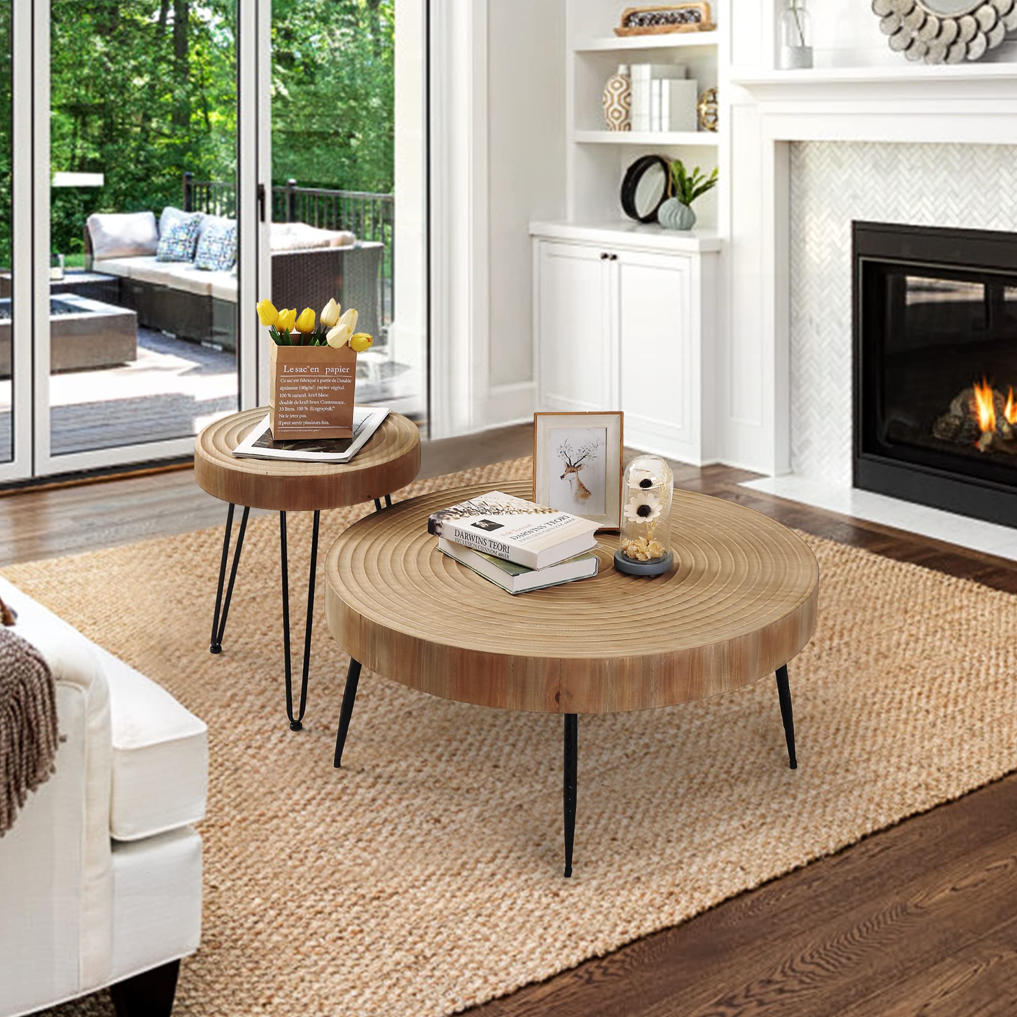 Farmhouse Round Coffee Table Set of 2, Cocktail Table Set, Modern Circle Natural Wood
