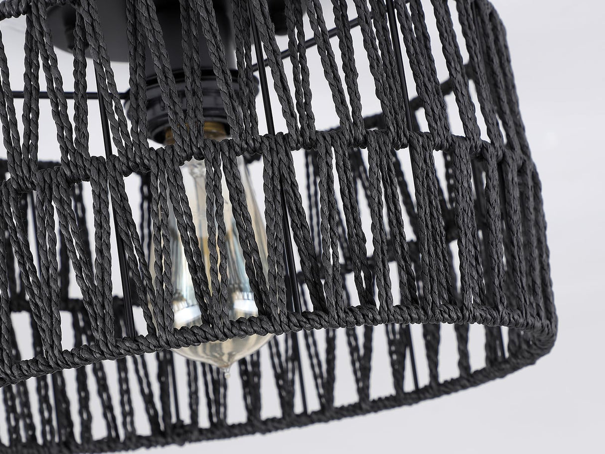 Coastal Black Woven Flush Mount Light Fixture Rustic Industrial Hemp Rope Round Flush