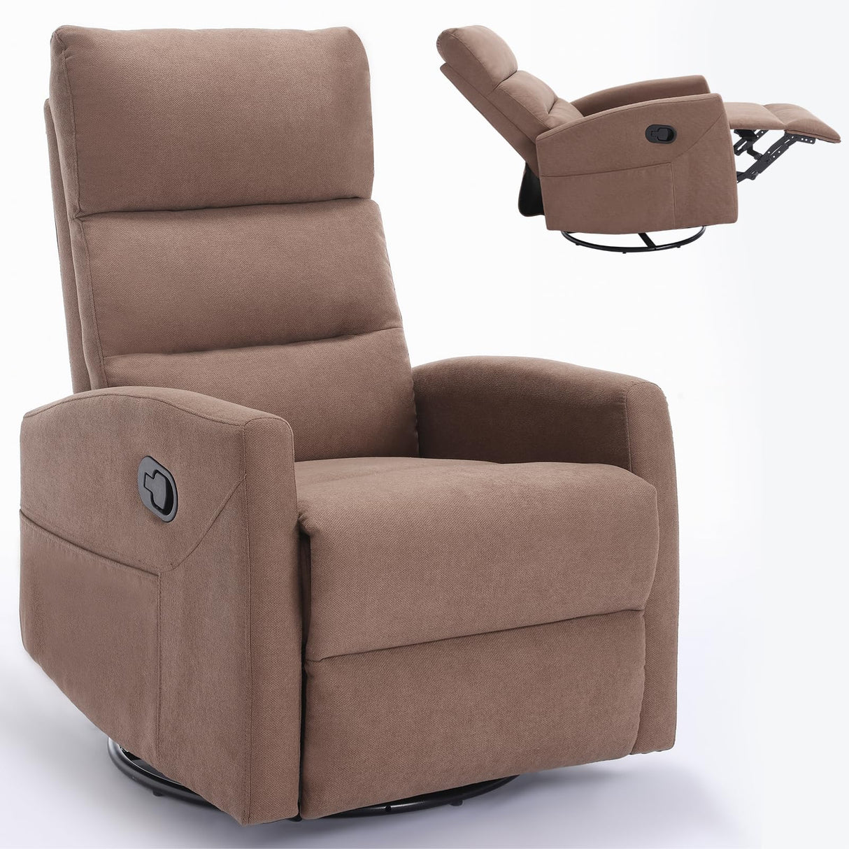 Chair, Fabric Rocking Swivel Glider Recliner Chair, Max Swivel Degree 360°, Heavy Duty Motion Mechanism with Side Pockets (Brown)