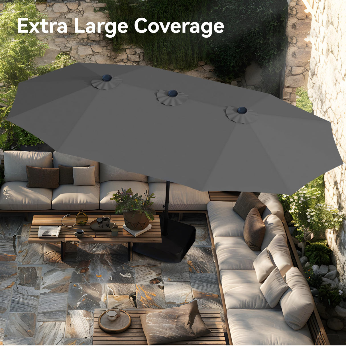 15ft Large Patio Umbrellas with Base, Outdoor Double-Sided Rectangle Market Umbrella for Pool Lawn Garden,