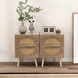 Rattan Nightstand Set of 2, Boho Bedside Tables with 2 Rattan Drawers, Accent End Tables with Pine Wood Legs