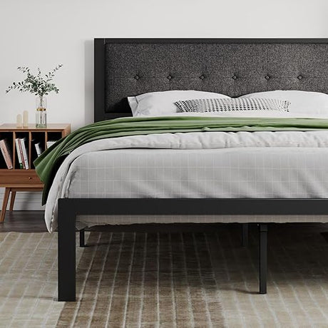 Twin Size Bed Frame with Upholstered Headboard, Platform Bed Frame with Metal Slats,