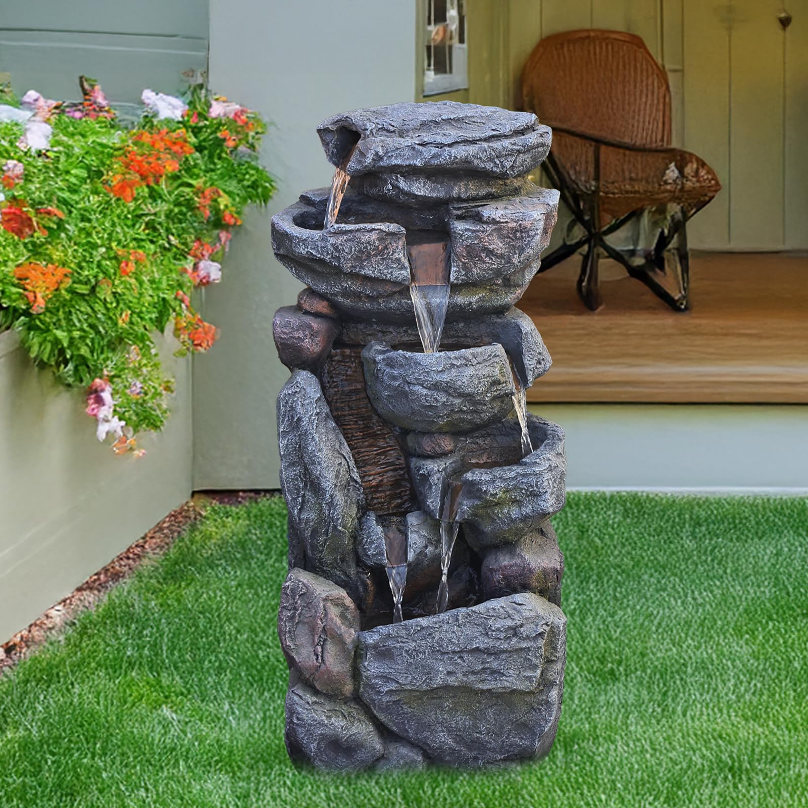 31.5" H Cascading Water Fountain Outdoor Garden Fountains with Light 5-Tier Rock