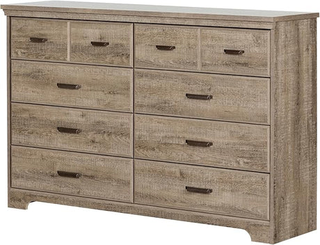 Versa Collection 8-Drawer Double Dresser, Weathered Oak with Antique Handles