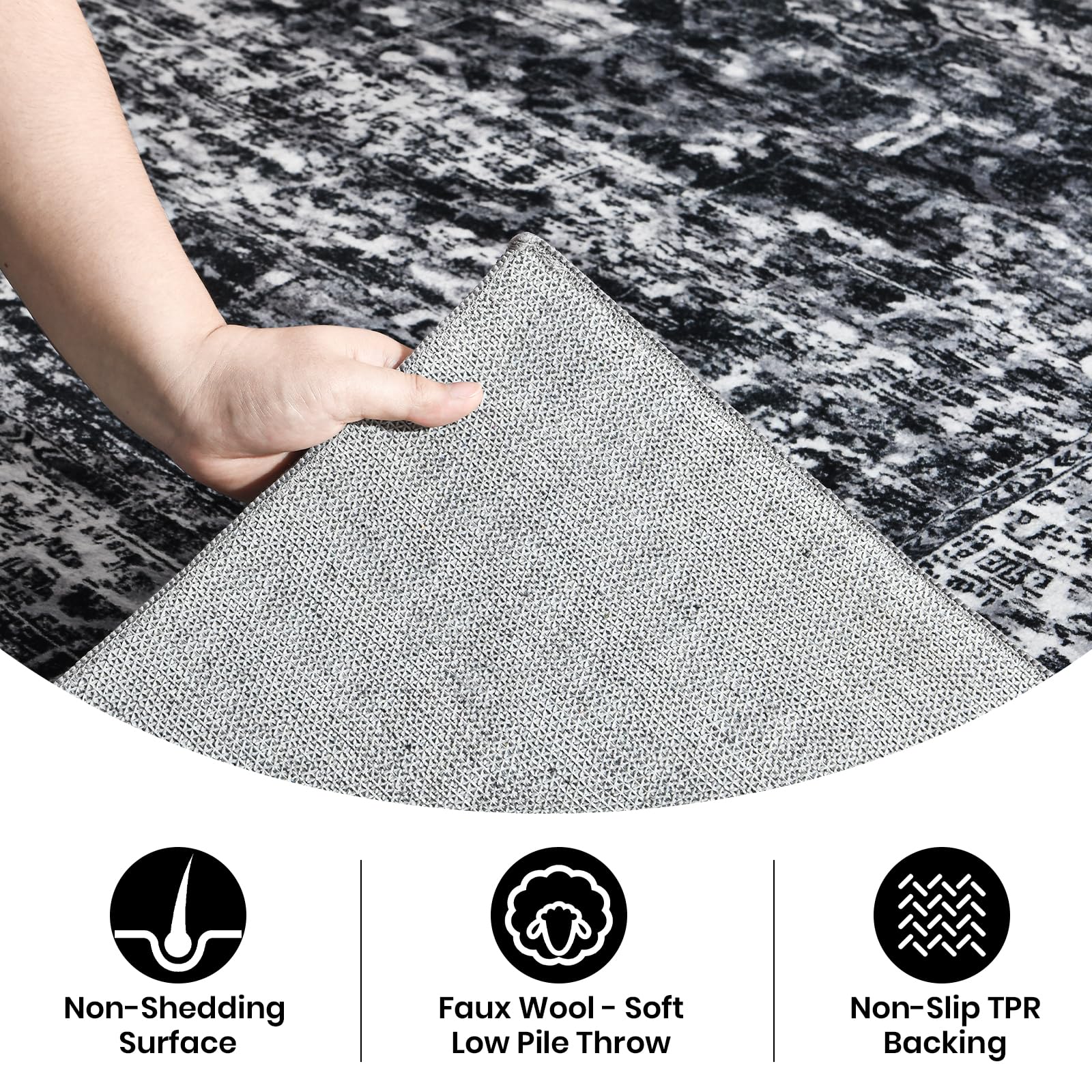 CRYPTOLITE Rugs for Living Room, 9x12 Large Area Rugs Ultra Soft Washable, Vintage Boho Faux Wool Carpet for Dining Room, Bedroom, Office, Home Decor (Black)