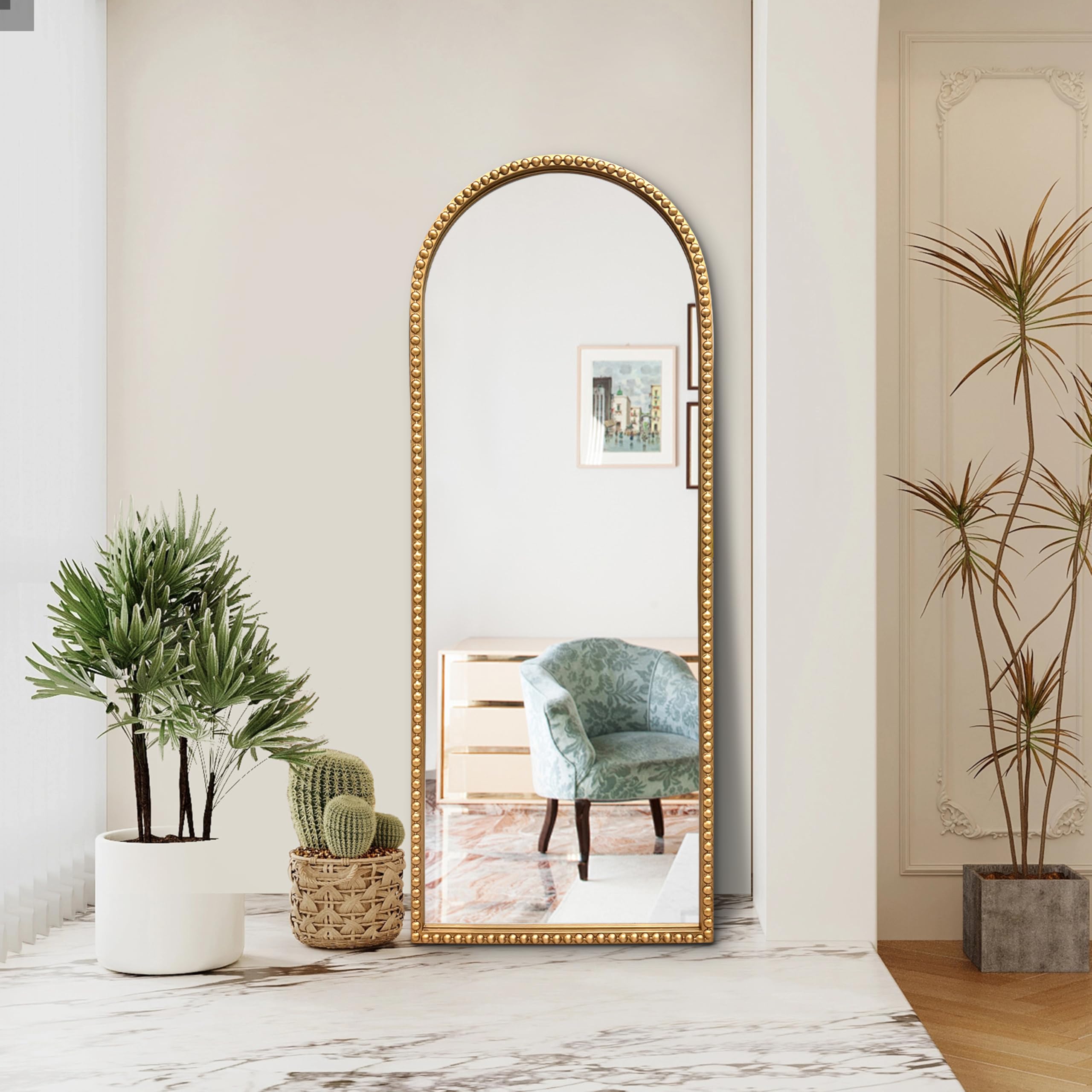 Vintage Gold Arch Floor Mirror 20"x53" - Full Length Wall Mirror with Beaded Metal Frame