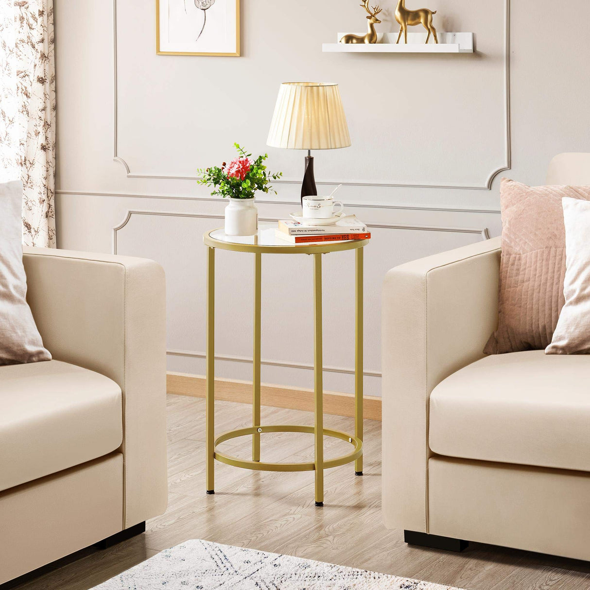 Round Accent Table Glass Top Sofa End Table w/Metal Frame, Protective Foot Pads