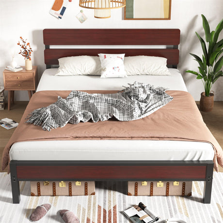 Bed Frame with Wood Headboard and Footboard, Platform Full Bed Frame with 13 Strong