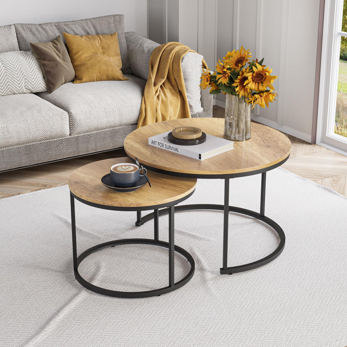 Nesting Coffee Table Set of 2, 27.6" Round Coffee Table Wood Grain Top with Adjustable Non-Slip Feet, Industrial End Table Side Tables for Living Room Bedroom Balcony Yard