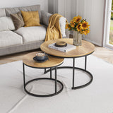 Nesting Coffee Table Set of 2, 27.6" Round Coffee Table Wood Grain Top with Adjustable Non-Slip Feet, Industrial End Table Side Tables for Living Room Bedroom Balcony Yard
