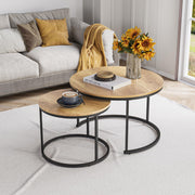 Nesting Coffee Table Set of 2, 27.6" Round Coffee Table Wood Grain Top with Adjustable Non-Slip Feet, Industrial End Table Side Tables for Living Room Bedroom Balcony Yard
