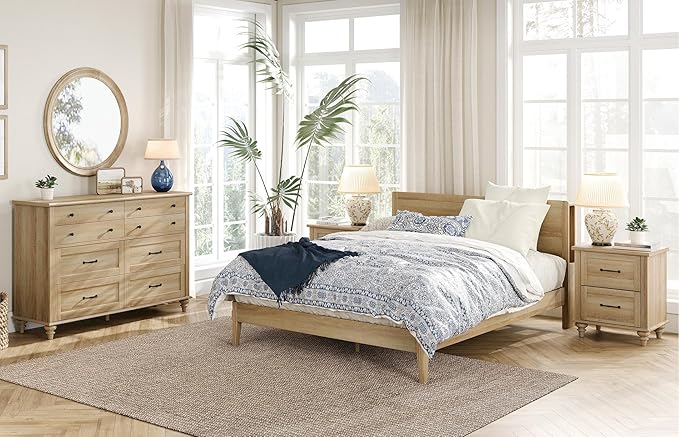 3 Piece Bedroom Set - Includes 8 Drawer Dresser for Bedroom, Set of 2 Nightstands with Charging Station & Drawers, 3 Piece Dresser and Nightstand Sets, Oak