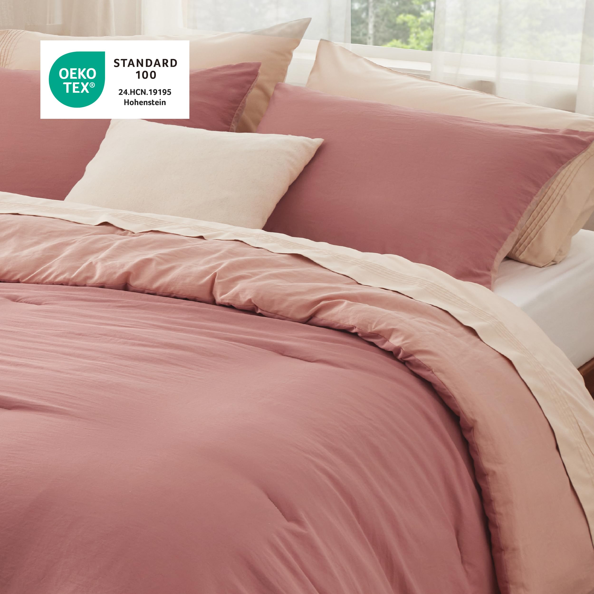 Queen Size Comforter Set - Reversible Pink Clay Soft Prewashed Bedding 3 Pieces