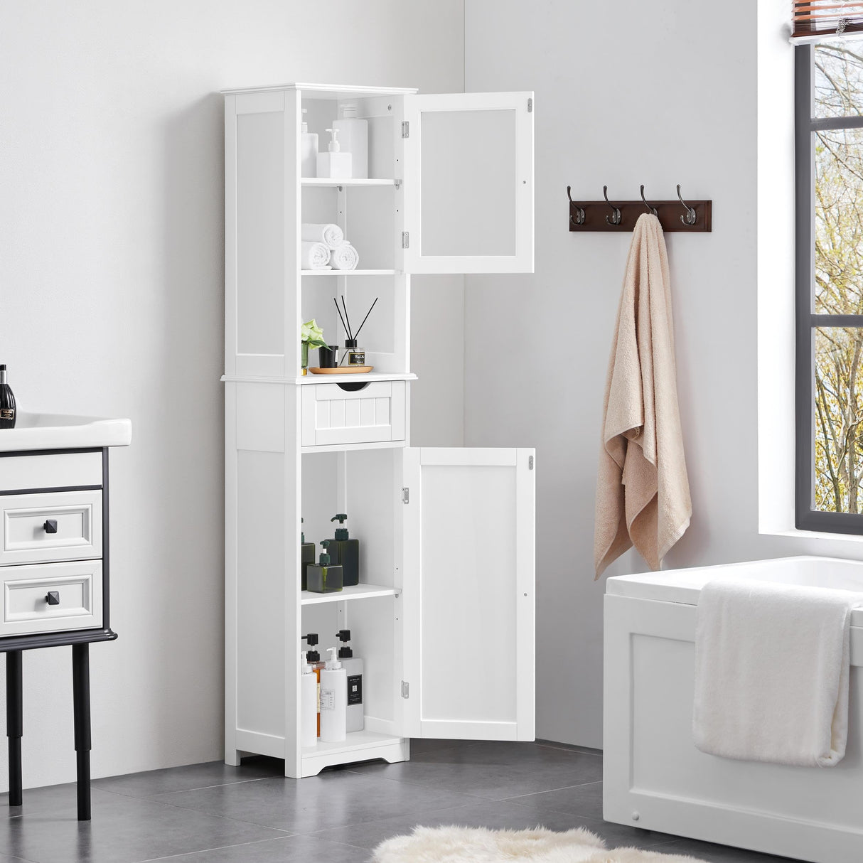 Tall Bathroom Storage Cabinet 67″, Wooden Floor Cabinet with Glass Door