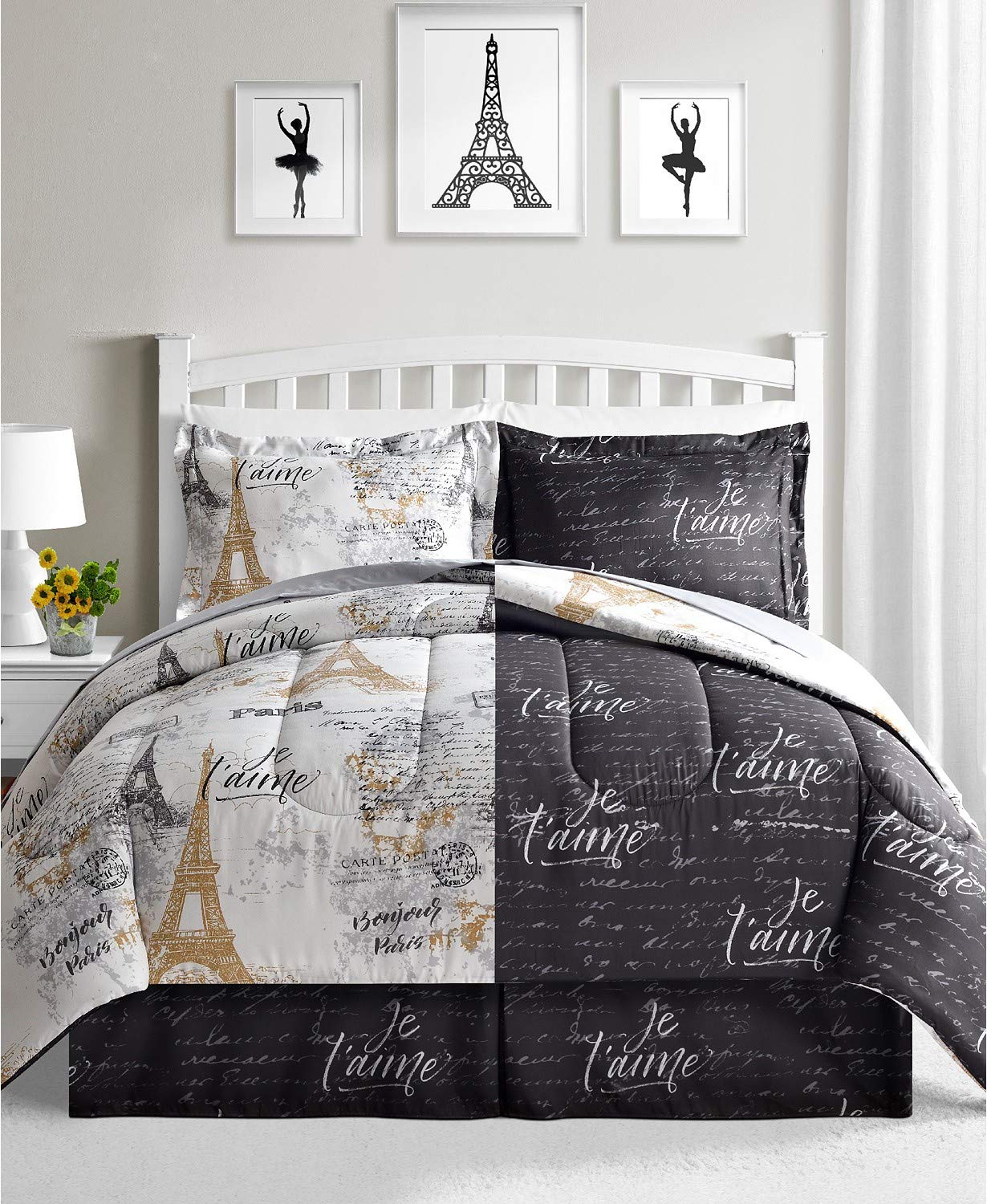 Paris Eiffel Tower Queen Comforter Set - 8 Piece Reversible Bedding