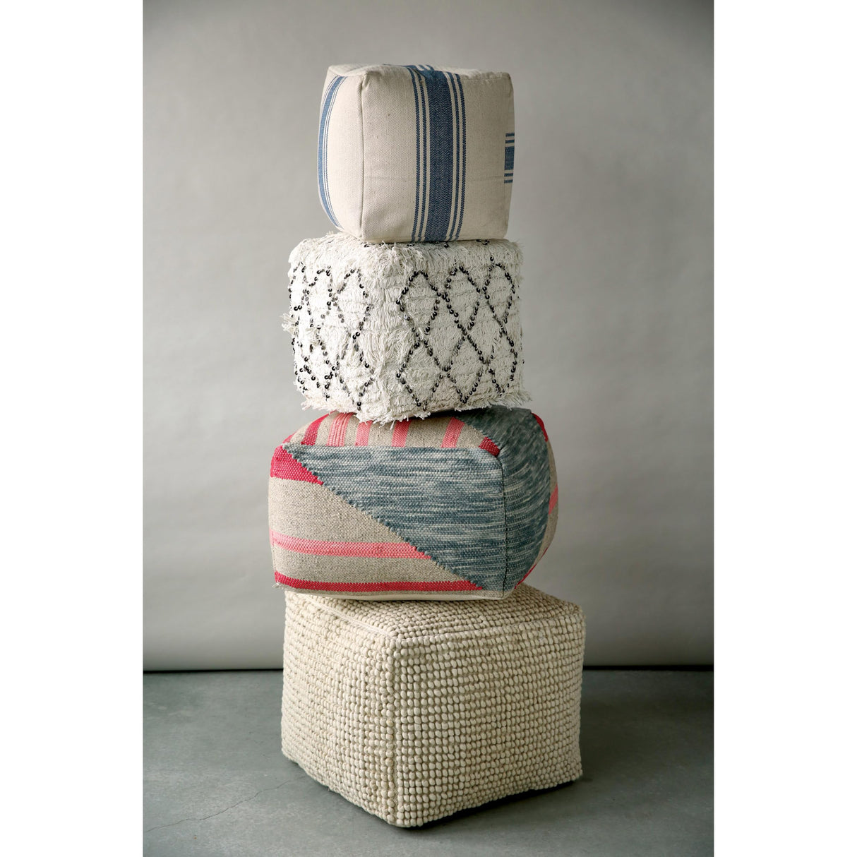 Cream Pouf with Blue Stripes