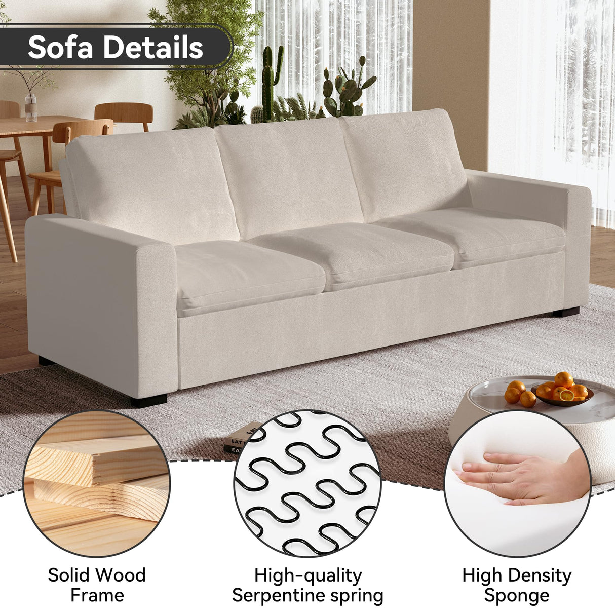 AMICLIBER 88 Inch Comfy Sofa Couch,Cloud Sofa Couch with Extra Deep Seats,Modern 3 Seater Sofa Couches,Cotton Linen Fabric Loveseat Sofas for Living Room, Dorm, Office, Apartment,Ivory White