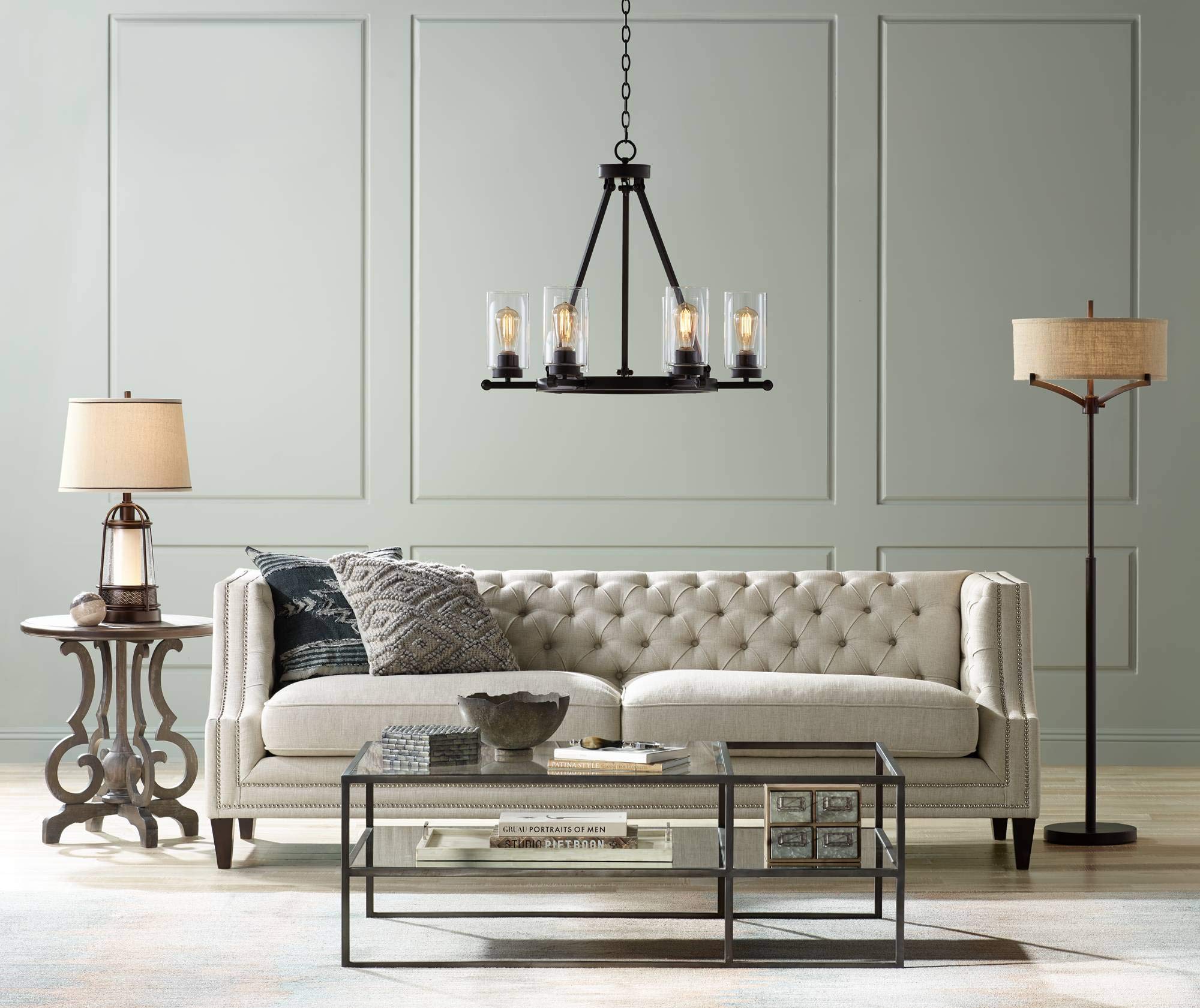 Tremont Mid Century Floor Lamp 62" Tall Bronze Metal with Tan Burlap Drum Shade