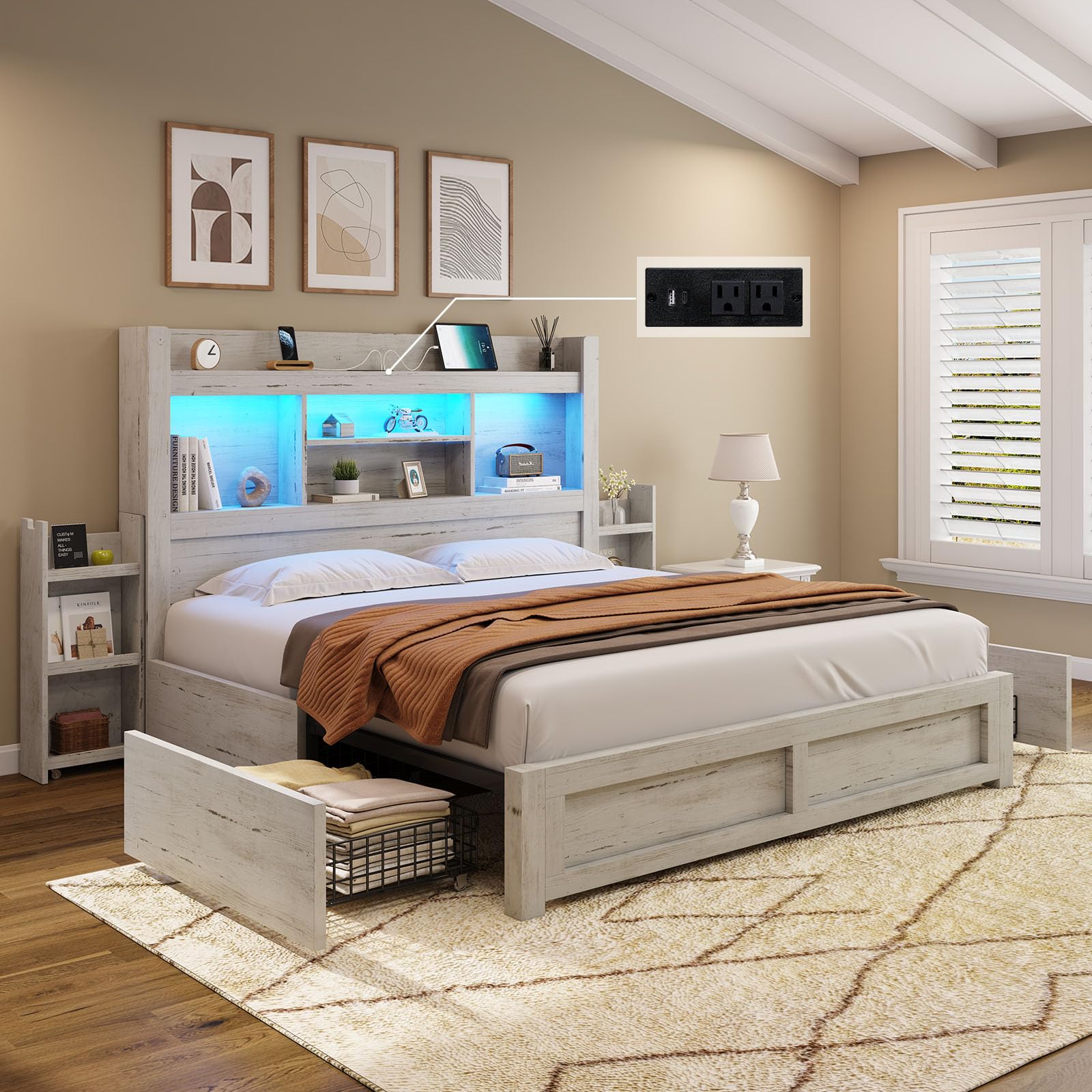 Queen Bed Frame with 4 Storage Drawer, LED Bed Frame with 49.6" Tall Bookcase