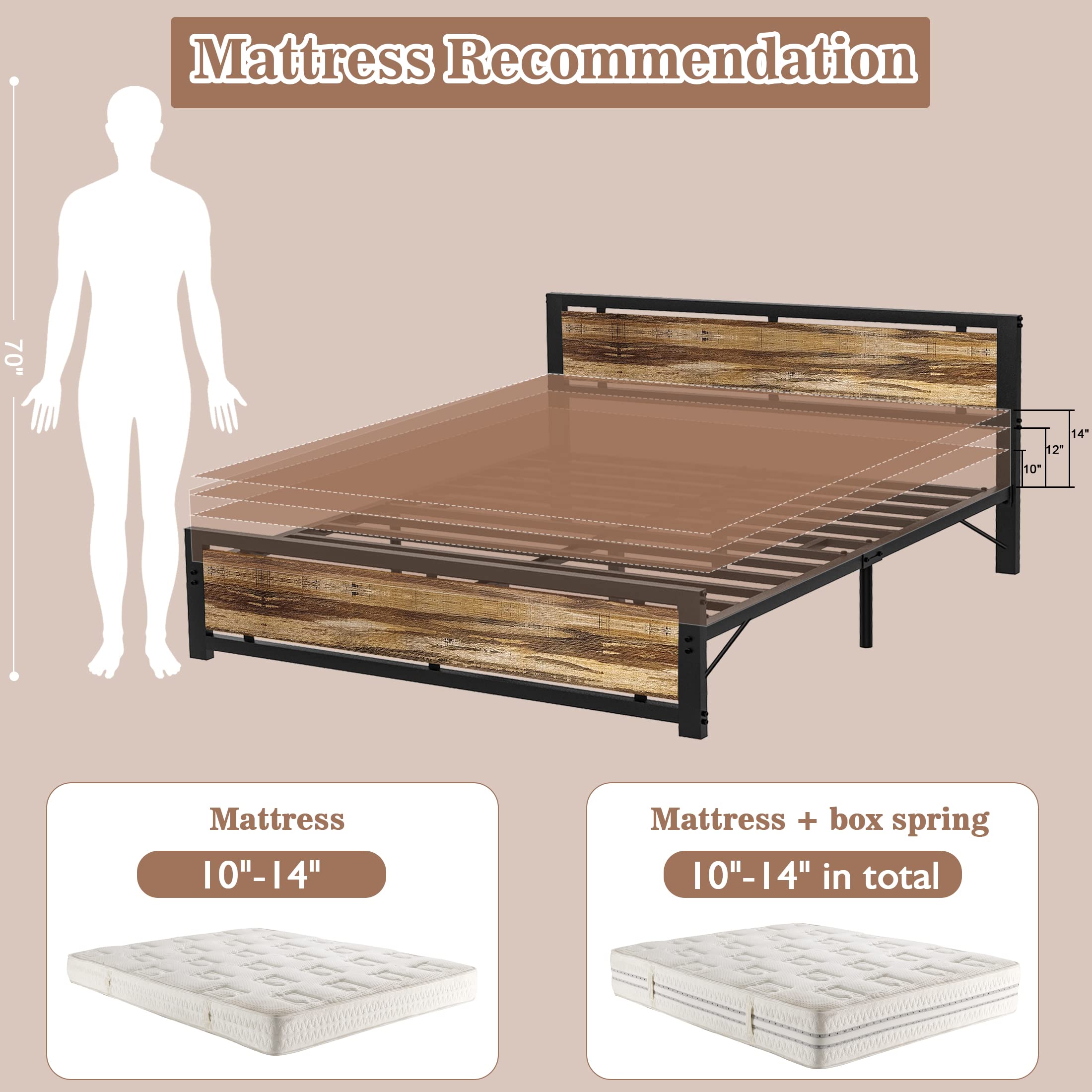 Full Bed Frame with Headboard and Footboard, Heavy Duty Metal Platform