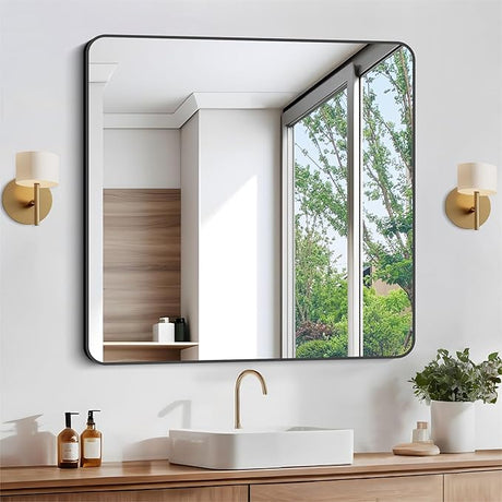 Bathroom Mirror, 30x50 inch Large Rectangle Mirror, Black Metal Framed