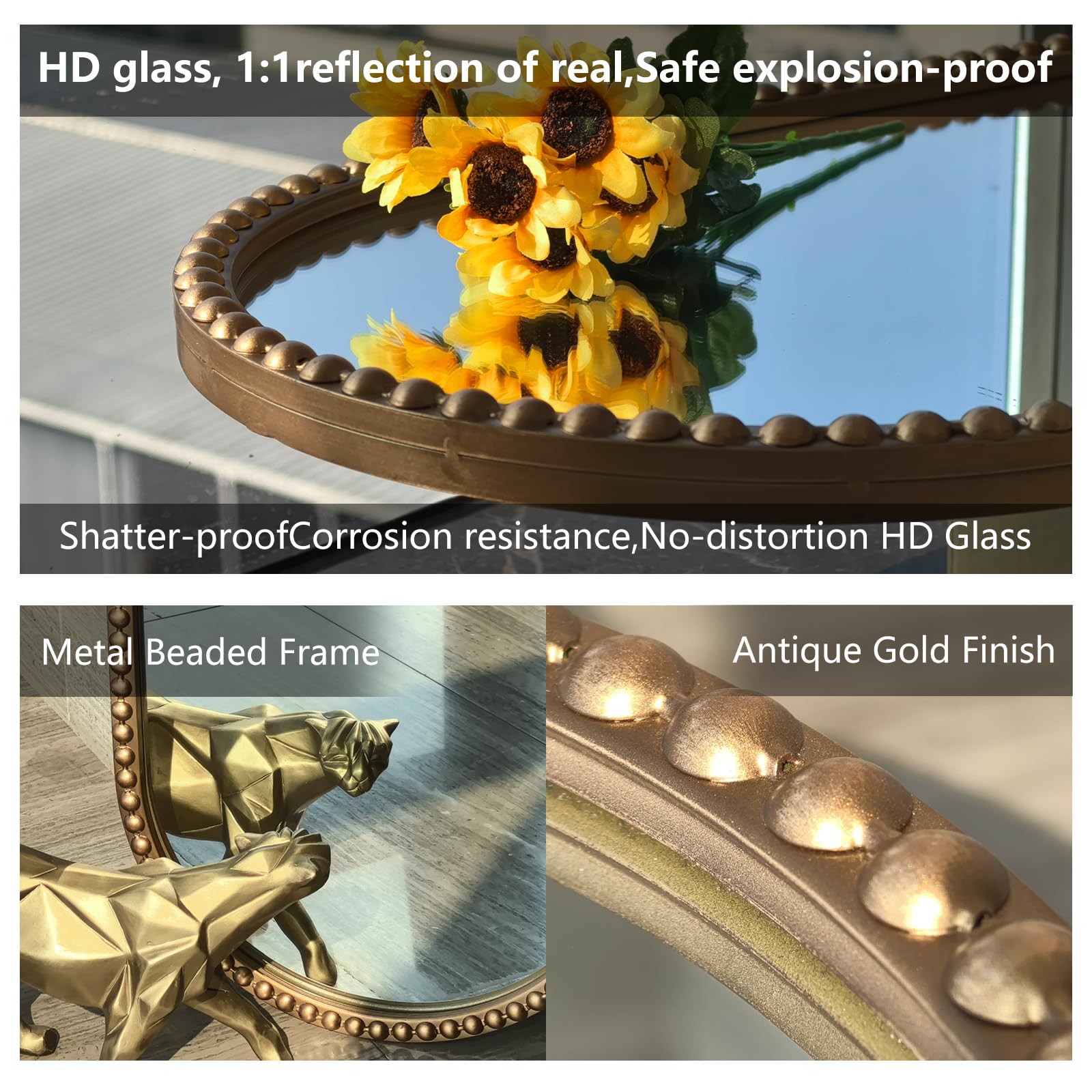 Antique Gold Oval Full Length Mirror - Vintage Beaded Wall Mounted 53"x20"