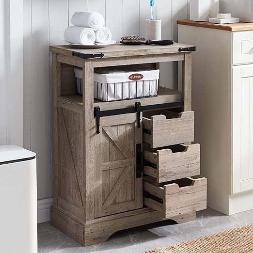 Bathroom Floor Cabinet, Farmhouse Storage Cabinet with Sliding Barn Door & Storage