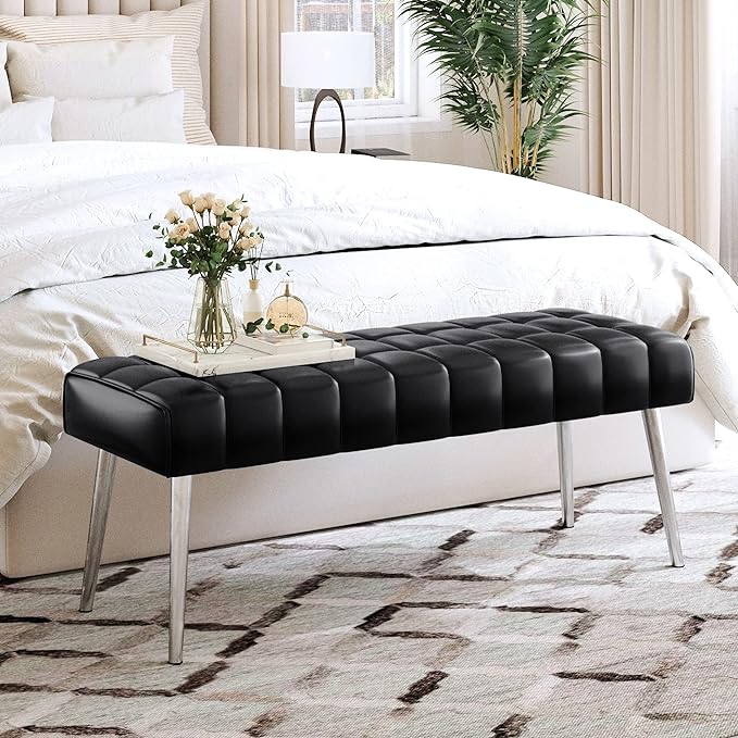 44.5” End of Bed Bench, Faux Leather Tufted Upholstered Bedroom