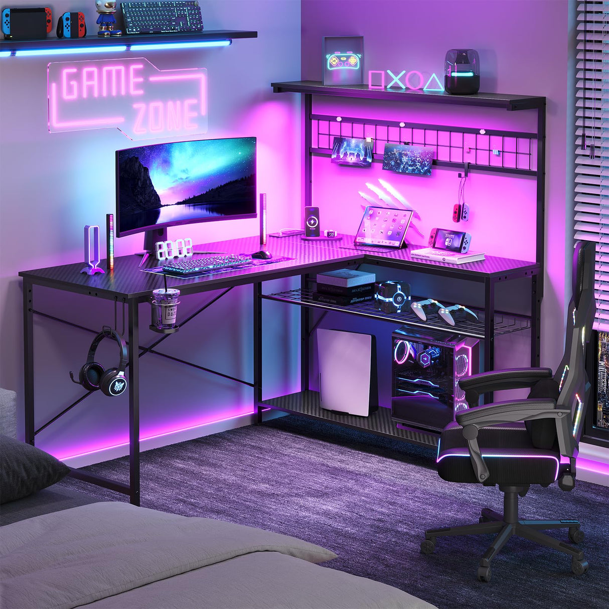 51 L Shaped Gaming Desk with Power Outlets, LED Workstation with 4 Tiers Shelves for Home Office