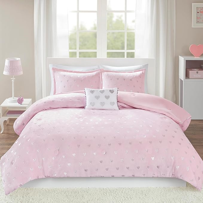 Comforter Set for, Ultra-Soft Microlight Plush Metallic Printed Hearts Brushed Reverse Overfilled Down